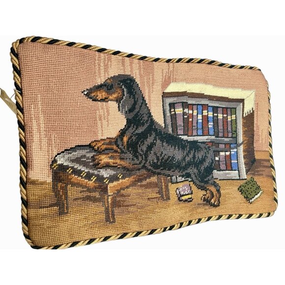 NWT Dachshund Dog Pet Needlepoint Pillow Cover 18 X 11" Piping Zipper Solid Back - Picture 1 of 12